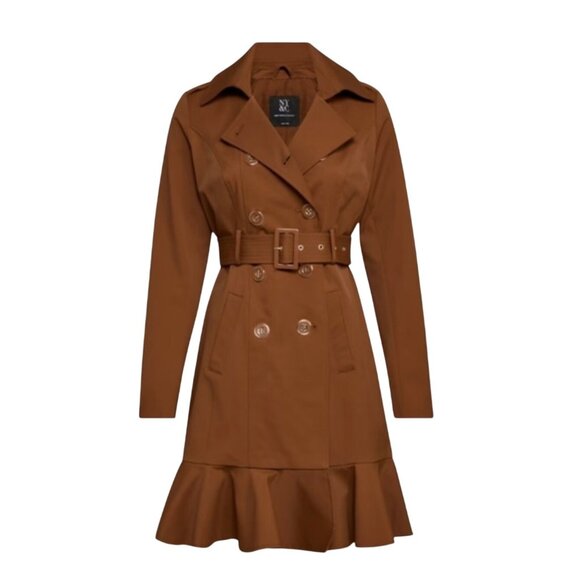 New York & Company Brown Double-Breasted Belted Trench Coat Ruffle Hem Womens XL - Picture 2 of 16